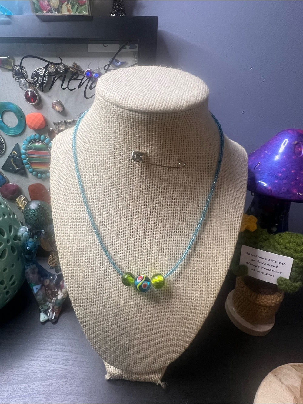 #215. Handmade Blue & Green Beaded Choker Necklace with Glass Beads